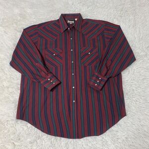 Vintage Express Rider Shirt Mens Large Maroon Stripped Pearl Snap Western Cowboy